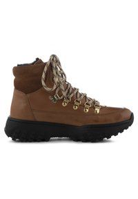 Brown leather hiking boot with suede collar, gold metal eyelets, textured laces, and a black rugged rubber sole.