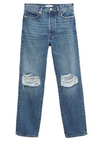 Světle modré džíny z denimu s vysokým pasem, přímým střihem nohavic, které mají dvě velké díry na kolenou a jemné vyšisování po celém povrchu.
