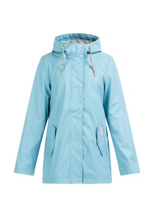 Svetlomodrá nepremokavá bunda s kapucňou, patentkami a dvoma bočnými vreckami. Vyrobená z hladkého, lesklého materiálu s šnúrkovými akcentami.