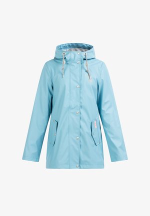 Világoskék vízálló dzseki kapucnival, patentgombokkal és két oldalsó zsebbel. Simaságával és fényes anyagával, húzózsinórral díszítve.