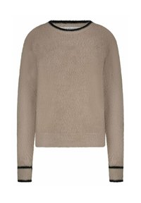 Pull beige moelleux avec un col rond, accents côtelés noirs aux poignets et à l'ourlet, présentant une texture douce et une coupe décontractée.
