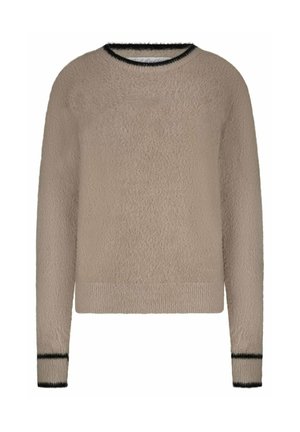 Beige fuzzy trui met een ronde halslijn, zwarte ribbelaccenten bij de manchetten en de zoom, met een zachte textuur en een relaxte pasvorm.