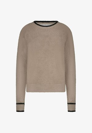 Pull beige moelleux avec un col rond, accents côtelés noirs aux poignets et à l'ourlet, présentant une texture douce et une coupe décontractée.