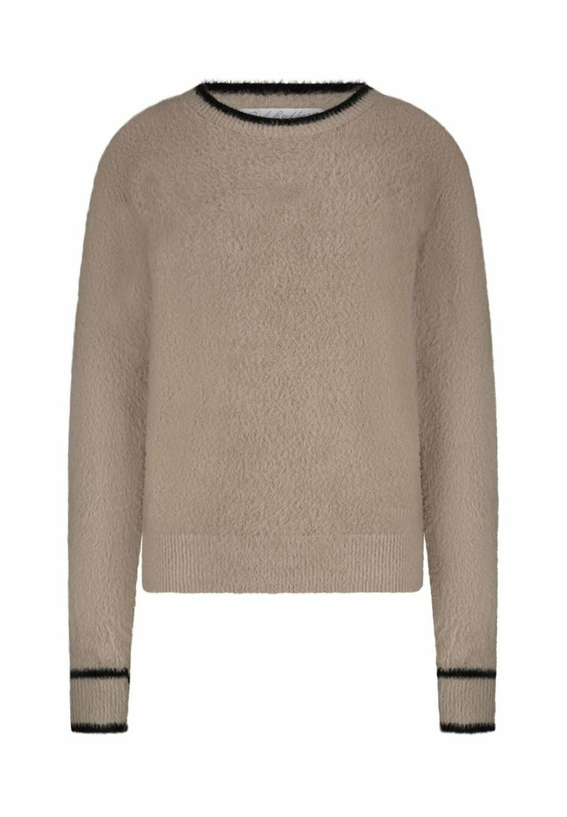 Pull beige moelleux avec un col rond, accents côtelés noirs aux poignets et à l'ourlet, présentant une texture douce et une coupe décontractée.