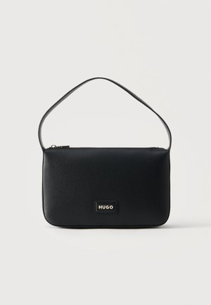 Black rectangular leather shoulder bag with a small gold "HUGO" logo patch and a single thin strap.