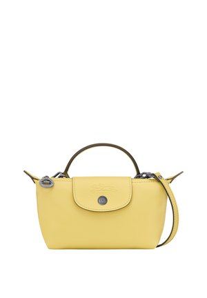 Small yellow leather handbag with top handle, flap closure embossed with leaping horse, and detachable shoulder strap.