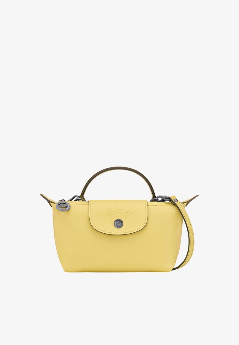 Small yellow leather handbag with top handle, flap closure embossed with leaping horse, and detachable shoulder strap.
