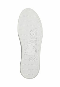 Suola di sneaker bianca con un motivo testurizzato e ondulato e logo in rilievo. Taglia contrassegnata come 37. Materiale liscio senza accenti visibili.