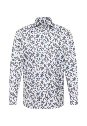 Een langemouwen shirt met een witte achtergrond en een gedetailleerd bloemen- en vogelpatroon in blauwe, bruine en groene tinten.
