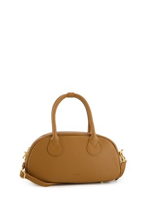 Tan leather handbag with a rounded shape, dual handles, and gold hardware accents. Features a textured surface and a detachable shoulder strap.