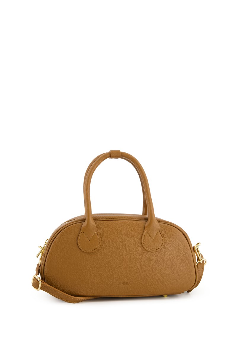 Tan leather handbag with a rounded shape, dual handles, and gold hardware accents. Features a textured surface and a detachable shoulder strap.
