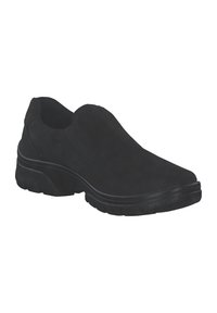 Schwarze Slipper aus weichem Veloursleder mit runder Zehenpartie, elastischen seitlichen Elementen, einer strukturierten Gummisohle und minimalistischem Design.