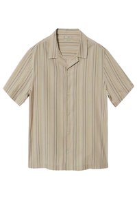 Camicia a maniche corte con bottoni di un beige chiaro con strisce verticali nei colori pastello. Presenta un colletto a campana e una vestibilità rilassata.