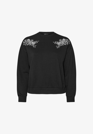 Felpa nera con ricami floreali bianchi sulle spalle, scollo rotondo, maniche lunghe e vestibilità comoda. Materiale in morbido cotone misto.
