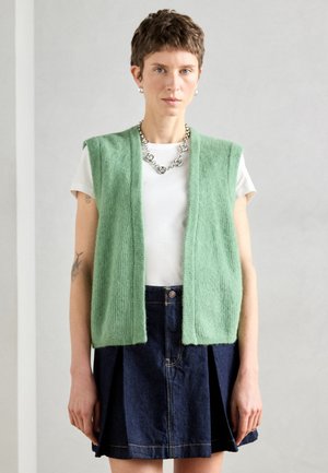 Μίντ πράσινο, χωρίς μανίκια πλεκτό γιλέκο με υφή, φορεμένο πάνω από ένα λευκό T-shirt και συνδυασμένο με μια σκούρα τζιν πλεξούδα φούστα.