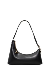 Black leather shoulder bag with a curved silhouette, featuring a short strap and a gold-toned triangular charm detail. Smooth texture.