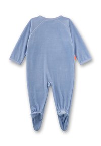 Hellblauer Strampler mit langen Ärmeln aus weichem Stoff, mit elastischen Bündchen und Fußbereich. Verfügt über einen Rundhalsausschnitt und keine sichtbaren Verschlüsse.