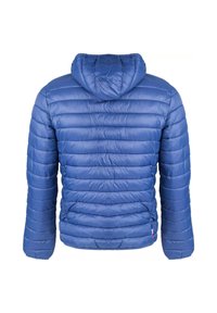 Giacca padded blu con cappuccio, design trapuntato e polsini elasticizzati. Il materiale sembra liscio con una finitura leggermente lucida.