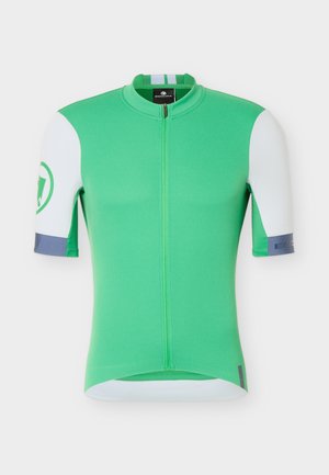 Grün-weißes kurzärmeliges Radtrikot mit Frontreißverschluss, rundem Kragen und Logo am linken Ärmel vor einfarbigem Hintergrund.