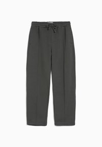 Donkergrijze sweatpants met elastische tailleband, verstelbaar touwtje, zijzakken en rechte pijpen op een witte achtergrond.