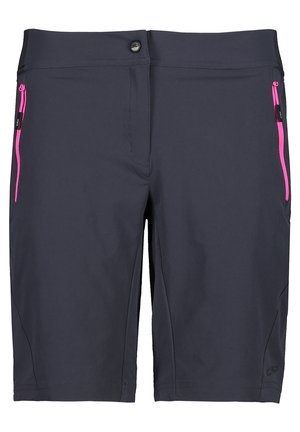 Mørkeblå knælange shorts med pink lynlåslommer på begge sider og knaplukning i taljen.