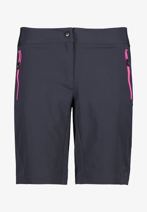 Marineblauwe knielange short met roze ritssluitingen aan beide zijden en een knoopsluiting in de taille.