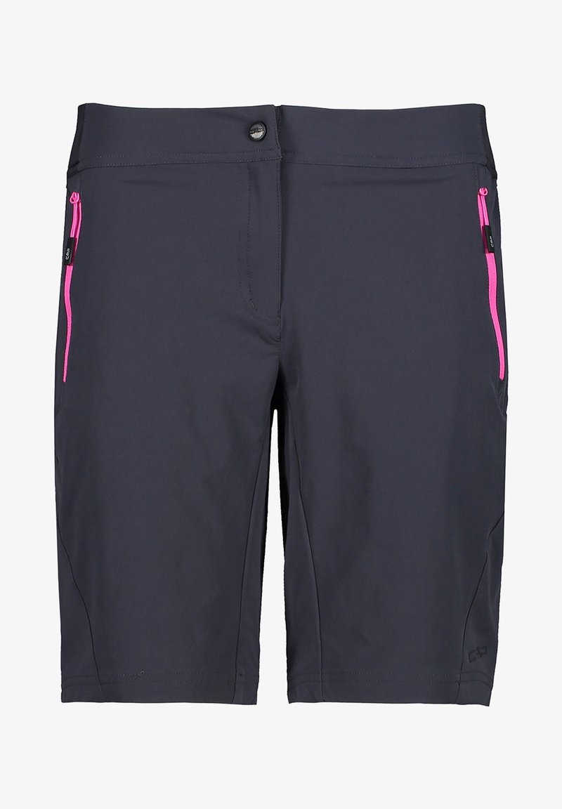 Shorts bleu marine longueur genou avec poches zippées roses des deux côtés et fermeture par bouton à la taille.