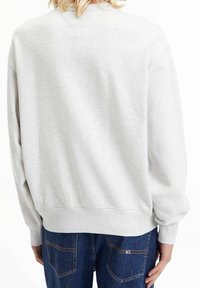 Ljusgrå sweatshirt med en avslappnad passform, ribbade muddar och fåll, med en mjuk yta och sydda detaljer på baksidan.