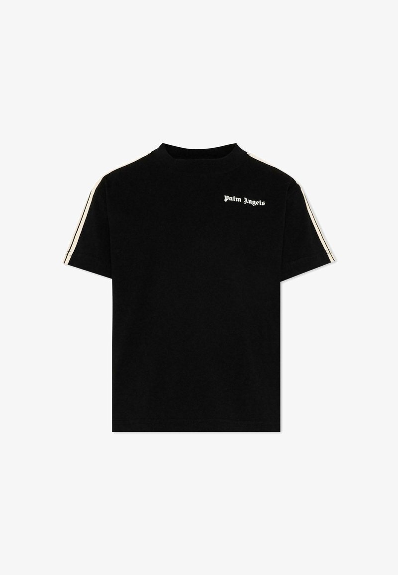 Czarny T-shirt z krótkim rękawem, z białymi bocznymi paskami i napisem "Palm Angels" w białej gotyckiej czcionce na lewej górnej części klatki piersiowej.