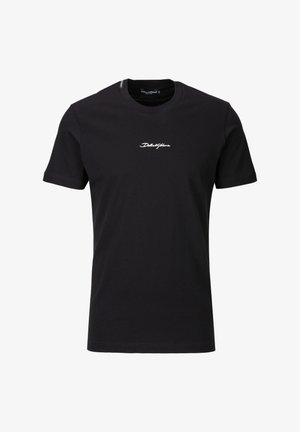 Schwarzes kurzärmeliges Baumwoll-T-Shirt mit Rundhalsausschnitt, versehen mit einem weißen bestickten Logo auf der Brust und einem geraden Saum.