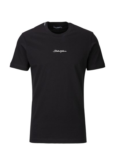 Zwarte katoenen T-shirt met korte mouwen en een ronde hals, met een wit geborduurd logo op de borst en een rechte zoom.