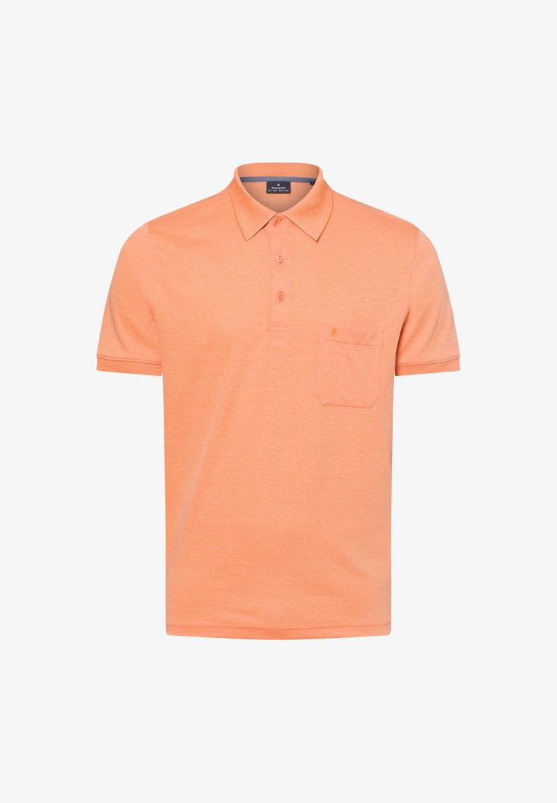 Polohemd in Hellorange, aus weichem Stoff, mit Kragen, Dreiknopf-Leiste und einer Tasche auf der linken Brust.