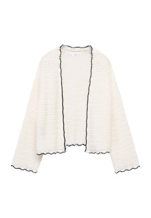 Biały, otwarty sweter z dzianiny z długimi rękawami i czarną falistą lamówką na krawędziach oraz mankietach.