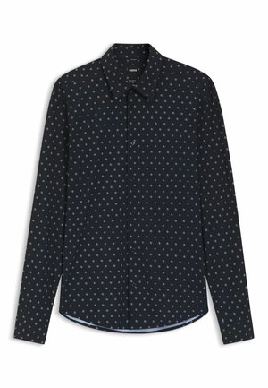 Zwarte blouse met lange mouwen, knoopsluiting, kleine blauwe geometrische patronen, puntige kraag en een slanke pasvorm.
