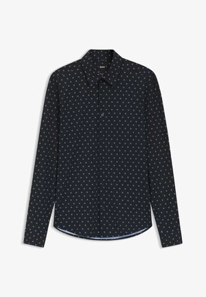 Zwarte blouse met lange mouwen, knoopsluiting, kleine blauwe geometrische patronen, puntige kraag en een slanke pasvorm.