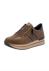 Braune Sneaker aus Leder und Wildleder mit strukturiertem Oberflächenmaterial, ausgestattet mit Schnürsenkeln und einem seitlichen Reißverschluss, auf einer mehrlagigen Sohle.