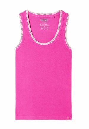 Helles pinkes ärmelloses geripptes Tanktop mit weißem Zickzack-Besatz an Ausschnitt und Armlöchern, Markenlabel innen am Kragen sichtbar.