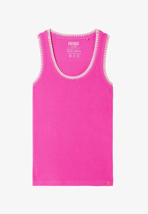 Helles pinkes ärmelloses geripptes Tanktop mit weißem Zickzack-Besatz an Ausschnitt und Armlöchern, Markenlabel innen am Kragen sichtbar.