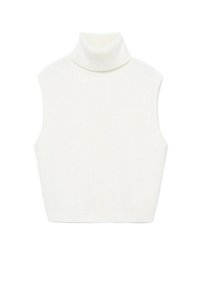 Haut sans manches blanc en col roulé avec texture côtelée, design court et matériau en maille douce.