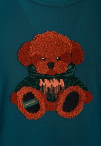 Sudadera turquesa con un gráfico de oso marrón texturizado y suave que lleva un hoodie verde oscuro, con acentos en negro en las patas y detalles bordados.