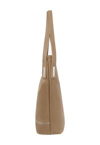 Tan leren handtas met twee schouderbanden, een gestructureerd oppervlak en een zijritsdetail. Strak, minimalistisch ontwerp.