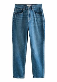 Ljusblå denimjeans med hög midja, rak benklippning, fem fickor och en subtil blekningen. Inkluderar en metallknapp och dragkedjestängning.