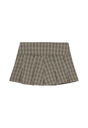 Brązowa i biała plisowana mini spódniczka w kratkę z szerokim paskiem, rozłożona na płasko na białym tle.
