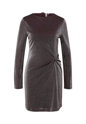 Robe à manches longues, en violet foncé scintillant, avec un détail noué froncé à la taille, un col rond et une longueur au-dessus du genou.