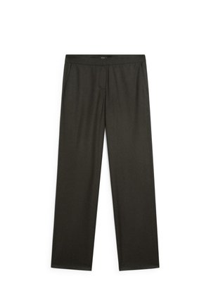 Dunkelgrüne, weit geschnittene Hosen mit glatter Textur, elastischem Bund und seitlichen Taschen. Schlichtes Design ohne sichtbare Muster oder Beschläge.