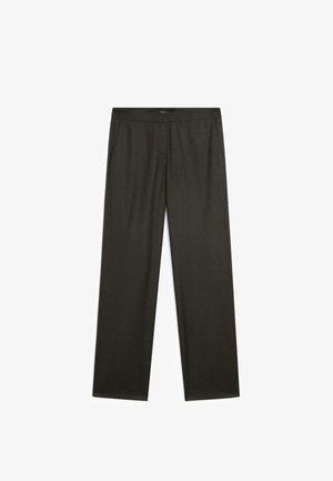 Dark green, wide-legged trousers with a smooth texture, elastic waistband, and side pockets. Simple design with no visible patterns or hardware.