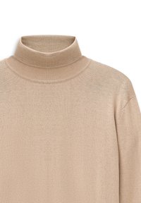 Beige Rollkragenpullover mit einem gerippten Kragen und weichem Material. Verfügt über ein figurbetontes Design und eine dezente strukturierte Oberfläche. Keine sichtbaren Muster oder Akzente.