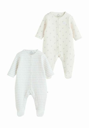 Zwei Baby-Bodyshirts: eins mit weißem Karomuster und hellgrauen Akzenten, das andere weiß mit kleinen, dezenten Tierdruckmotiven.
