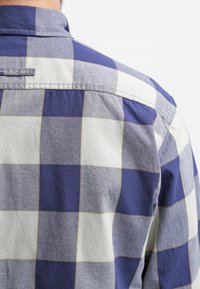 Camicia in flanella a scacchi blu e bianchi con colletto ripiegato e cuciture visibili. Il tessuto appare morbido con una finitura opaca.