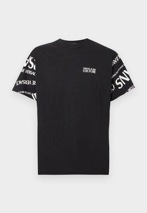Black short-sleeve T-shirt with white "Versace Jeans Couture" text on chest and repeated branding on both sleeves.